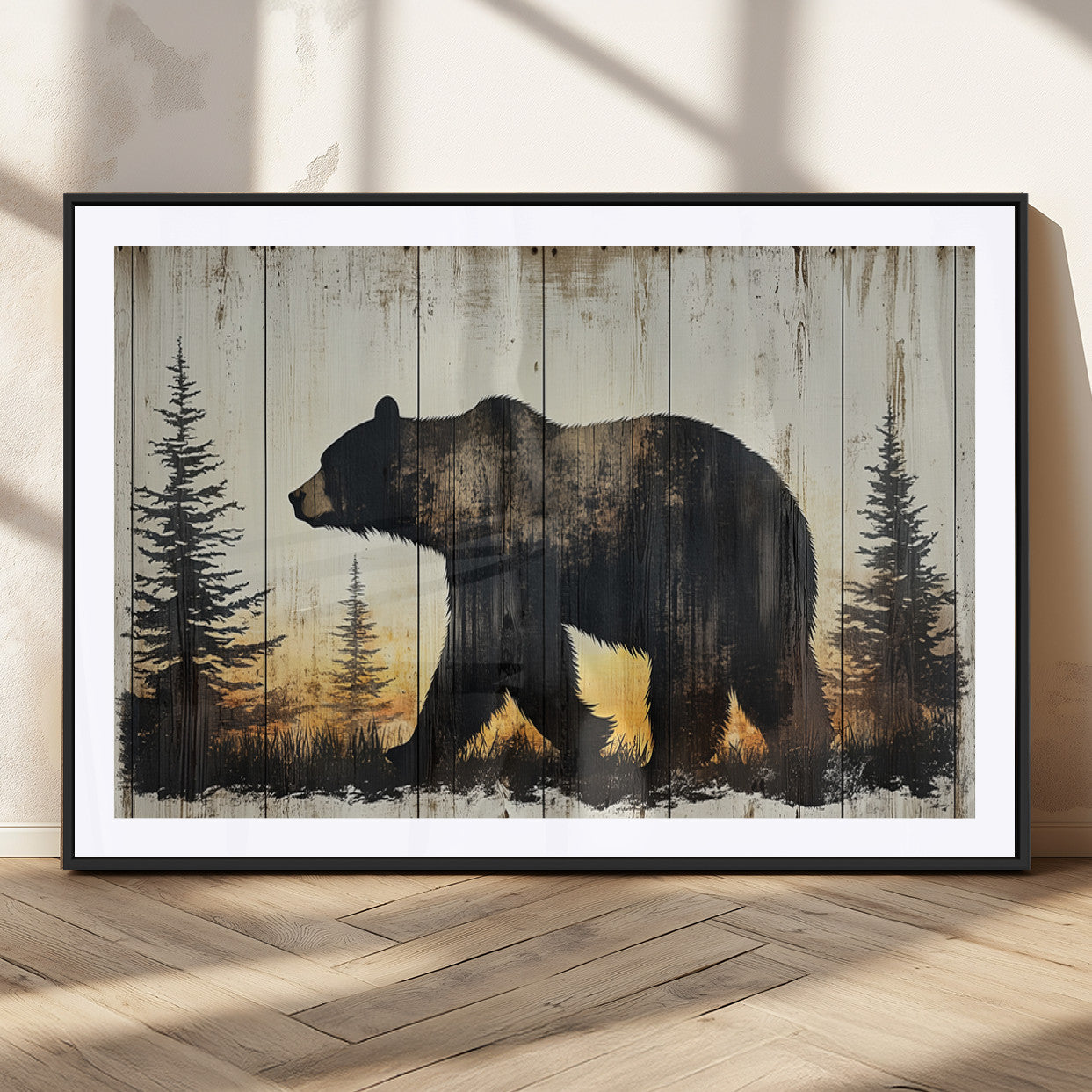 83875-MGC-FP-36x24_Black-Vintage Bear Wall Art Canvas Print for Farmhouse - Mountain Wood Canvas Wall Art - Forest Silhouette