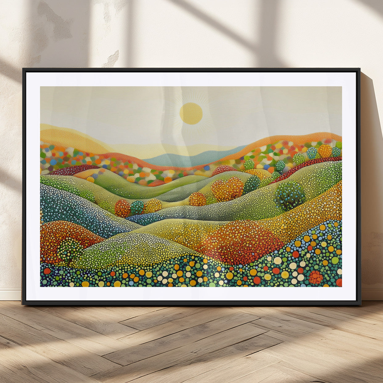MGC-FP-36x24 - YAYOI KUSAMA Colorful Dot Art Landscape Canvas - Framed Abstract Pointillism Inspired by Nature with