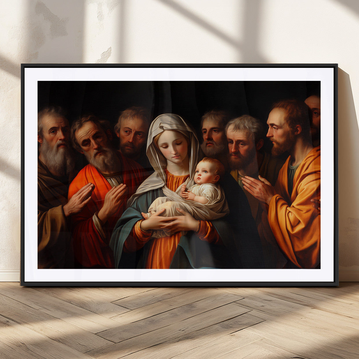 MGC-FP-36x24 - Religious Canvas Wall Art Print - Madonna and Child with Apostles Art Print - Classic Christian