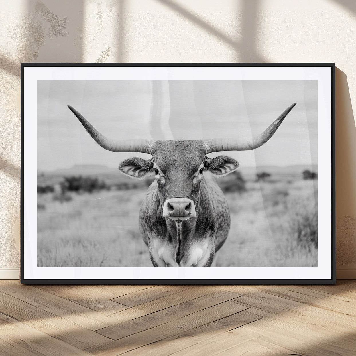 MGC-FP-36x24 - Highland Cow Wall Art Print - Black and White Texas Western Longhorn Canvas - Farmhouse Decor Print
