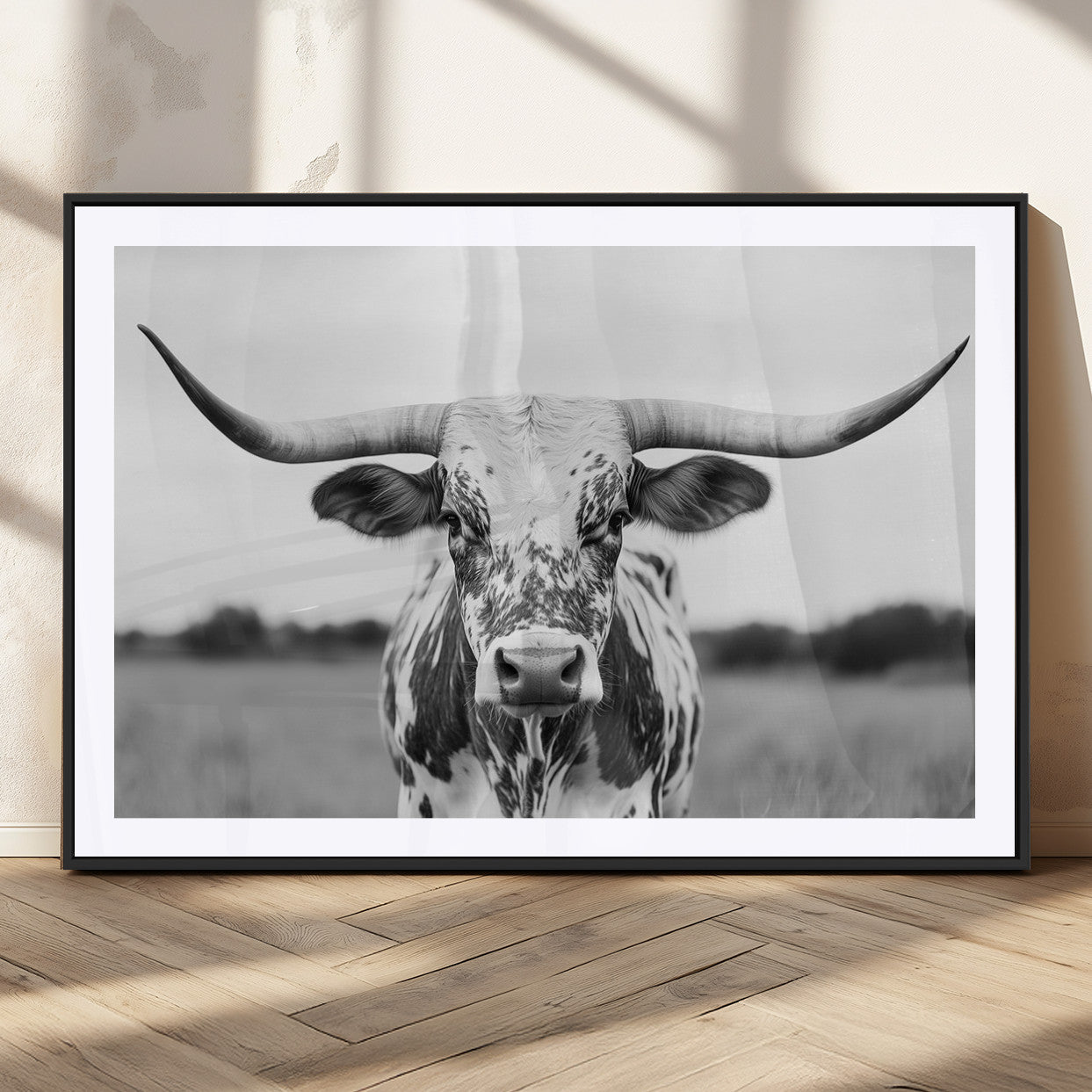 MGC-FP-36x24 - Highland Cow Wall Art - Black and White Western Longhorn Canvas Print - Farmhouse Living Room Decor