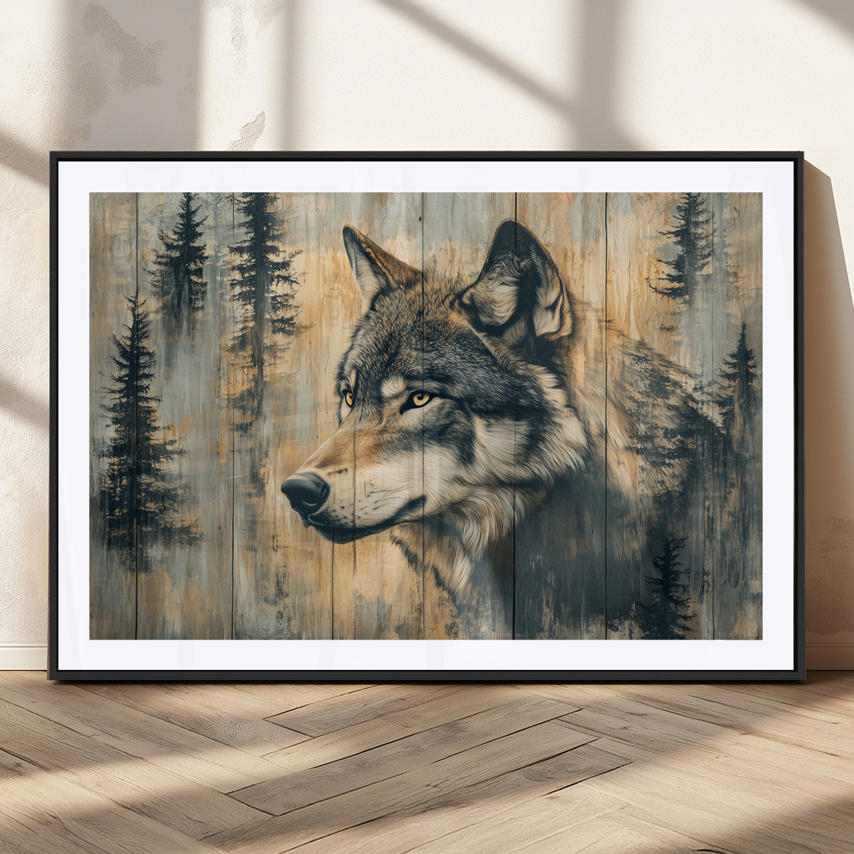 MGC-FP-36x24 - Wood Style Rustic Wolf Wall Art Canvas Print, Vintage Woodland Wolf Wall Art, Framed Wood Style Wolf
