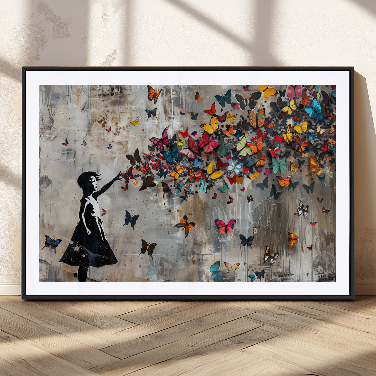MGC-FP-36x24 - Framed Banksy Butterfly Girl Wall Art ,3-Piece Butterfly Girl Canvas, Modern Graffiti Canvas Print