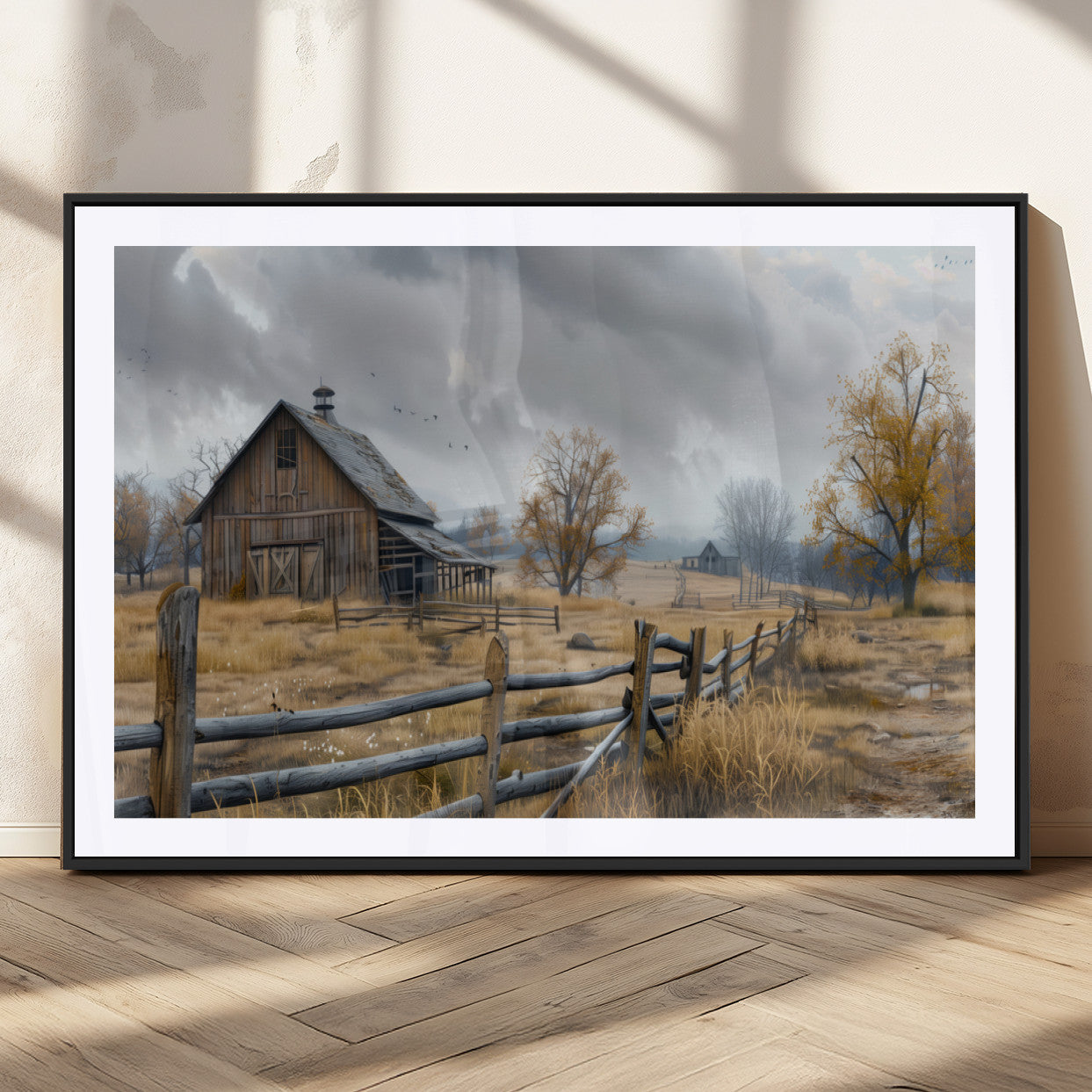 MGC-FP-36x24 - Rustic Autumn Farmhouse Wall Art Canvas Print – Serene Countryside Scene with Weathered Barn and
