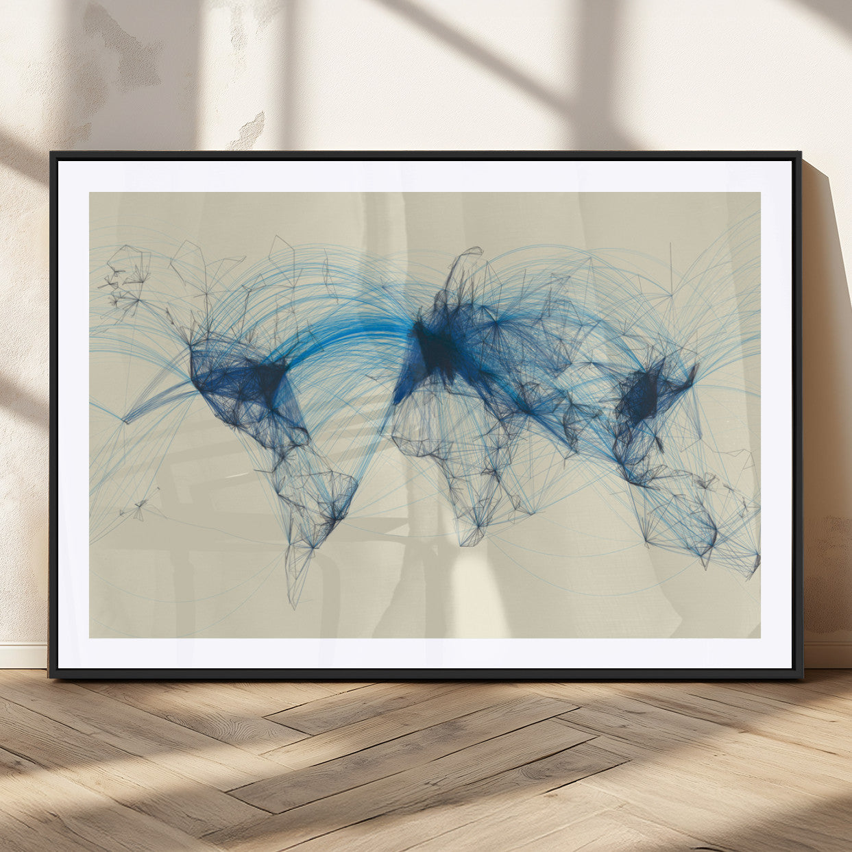 MGC-FP-36x24 - Flight Routes Map art Air Traffic Avi World Map with Blue Connections Canvas Wall Art – Modern