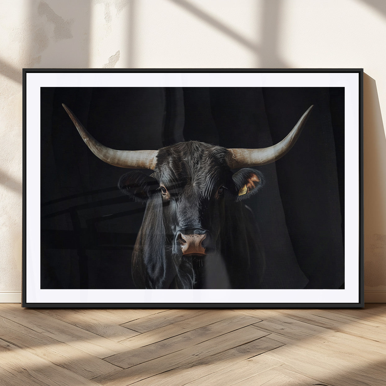 48065167-MGC-FP-36x24_Black-Majestic Longhorn Bull Wall Art Canvas Print – Dark Background Western Ranch Portrait Artwork for Home, Office