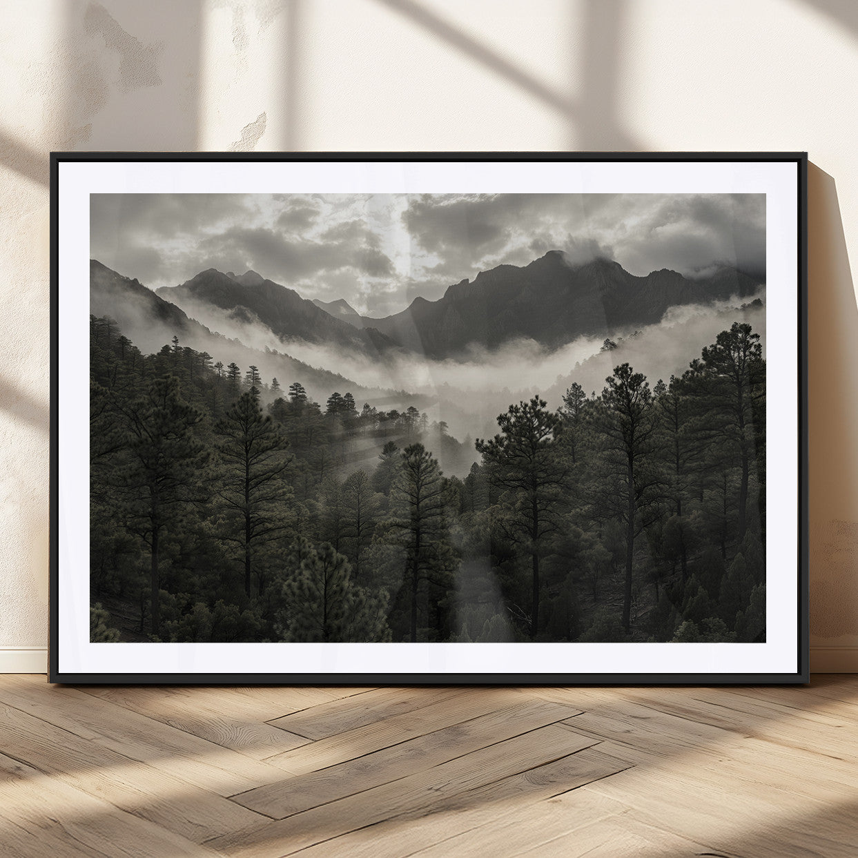 MGC-FP-36x24 - Misty Mountain Forest Wall Art – Canvas Print of Cloudy Peaks, Tranquil Pines, Enchanted Landscape, Majestic Nature Decor for Home or Office