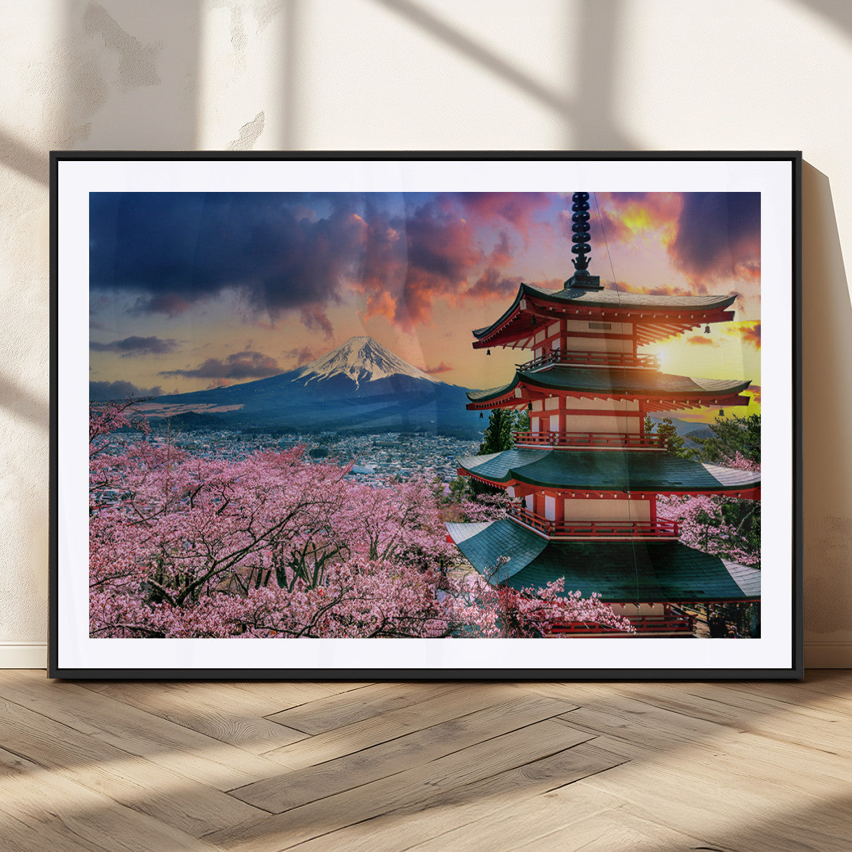 MGC-FP-36x24 - Mount Fuji & Cherry Blossom Wall Art Canvas Print – Iconic Japanese Landscape, Sakura Pagoda Sunset,
