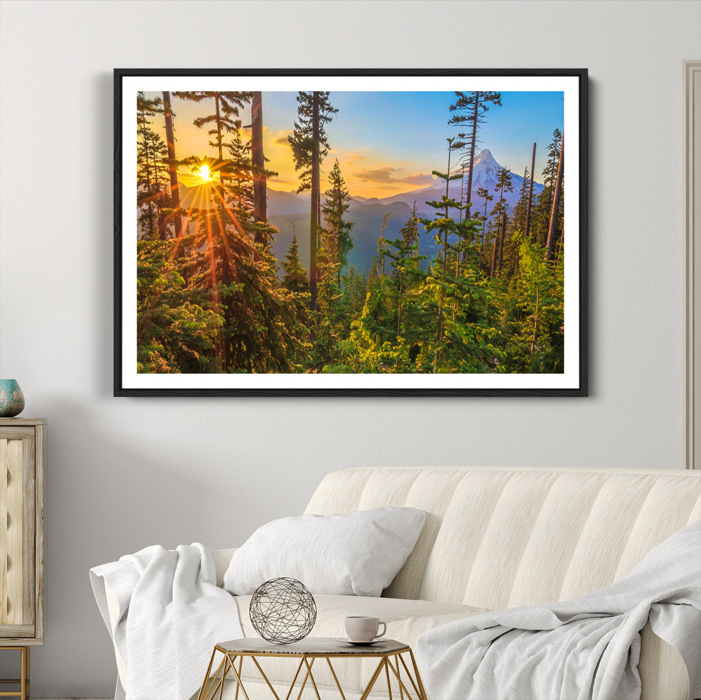 83544043-MGC-FP-36x24-Forest Sunset Wall Art Canvas Print, Framed Sunset Trees Art Picture Print, Green Pines Perfect Rustic Nature Decor