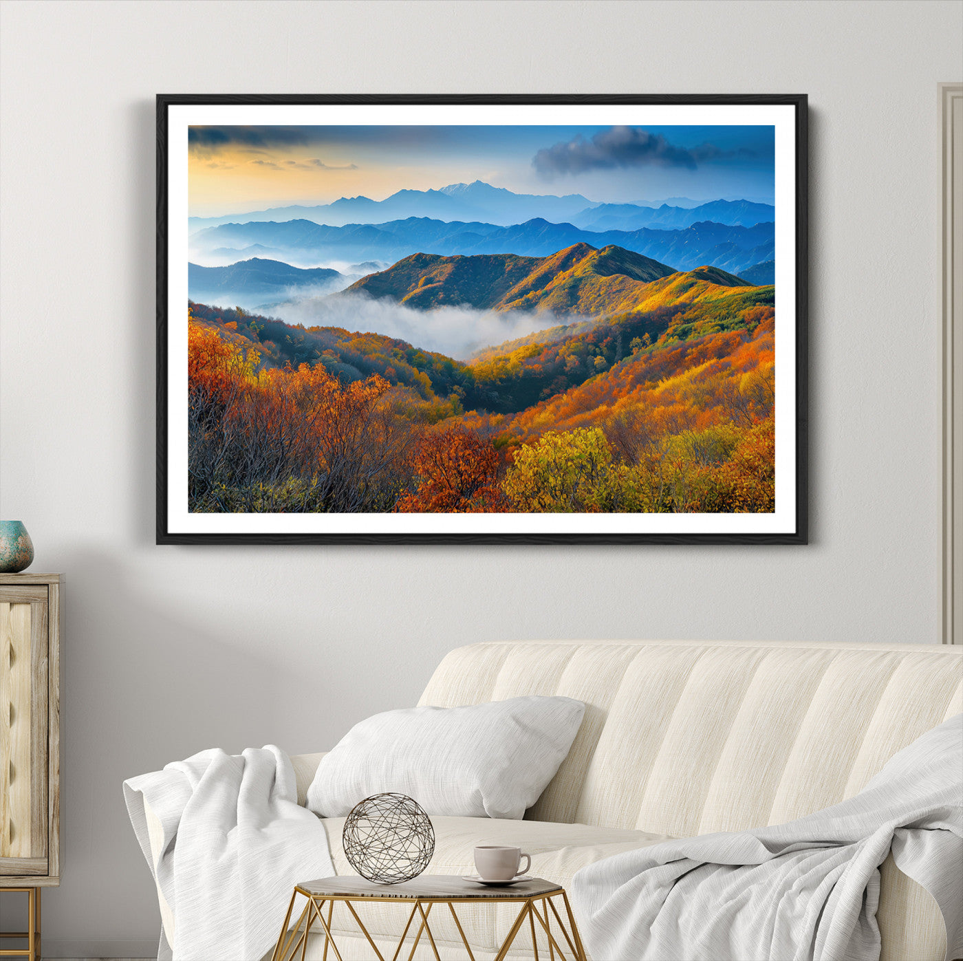 86772247-MGC-FP-36x24-Autumn Mountains Wall Art Canvas Print – Foggy Peaks Colorful Foliage Serene Landscape Nature Artwork for Home Office