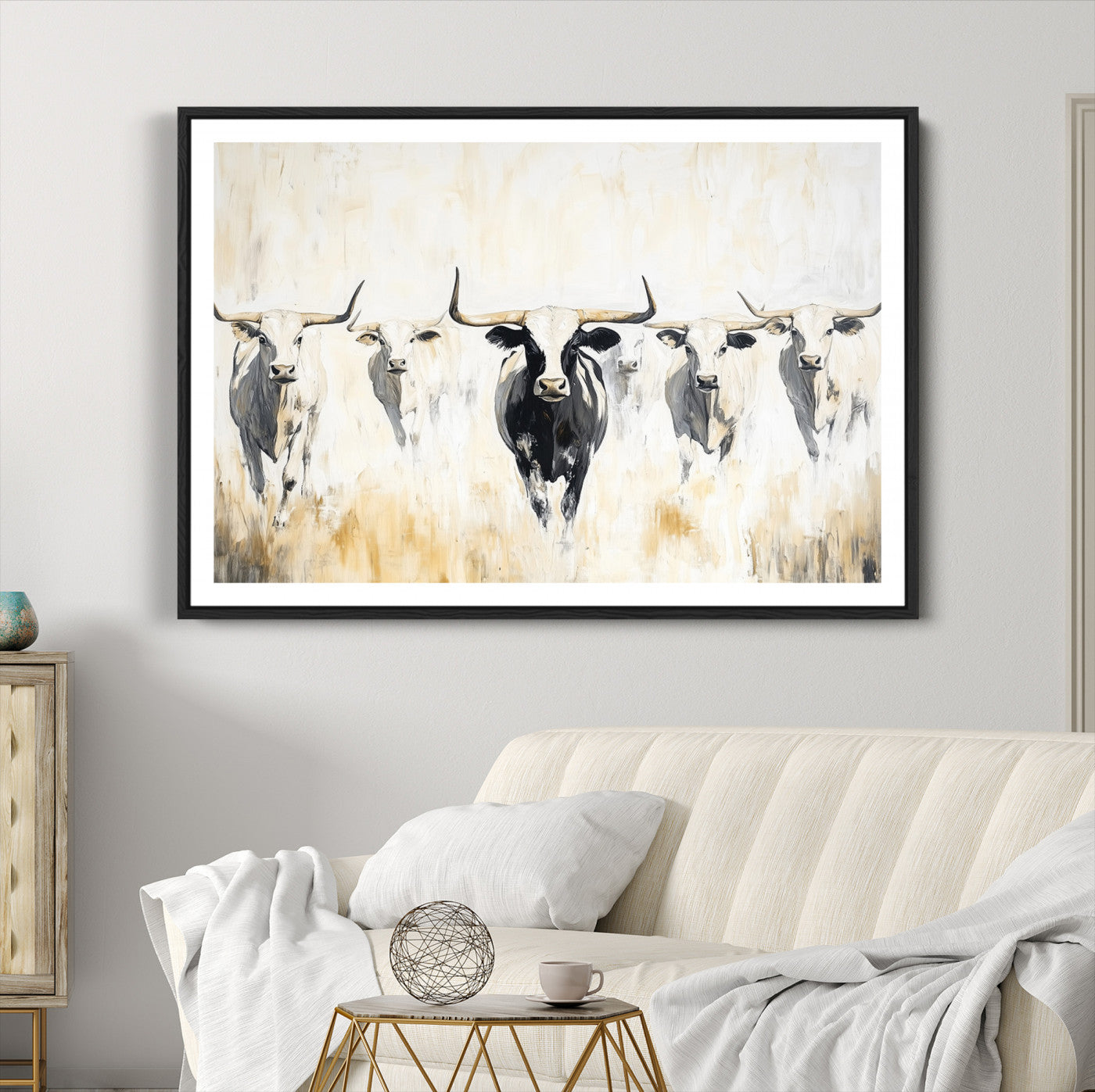 40397799-MGC-FP-36x24-Texas Longhorn Wall Art Canvas Print – Rustic Western Bull Herd Neutral Tones Country Ranch Artwork for Home Office