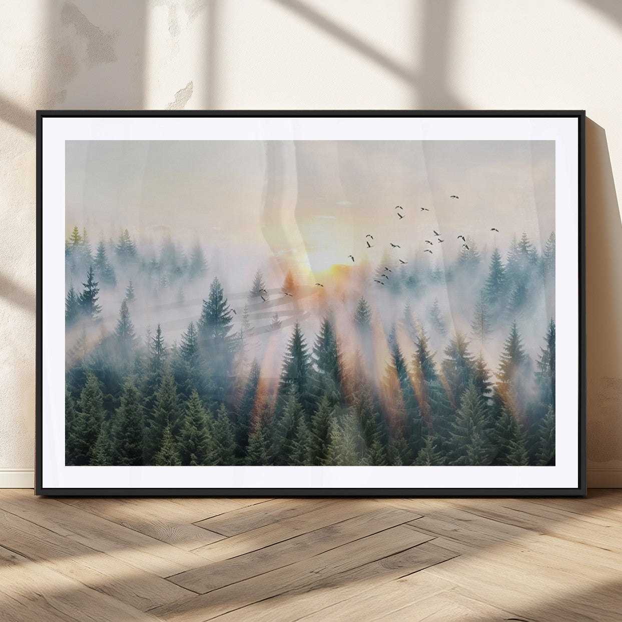 MGC-FP-36x24 - Misty Pine Forest Wall Art Canvas, Sunrise Over Foggy Trees Canvas for Home - Office, Framed