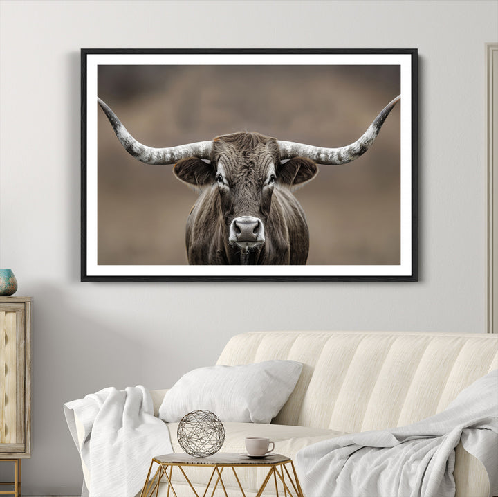 The Framed Texas Longhorn Bull Art Canvas Print adds timeless elegance to the serene setting.