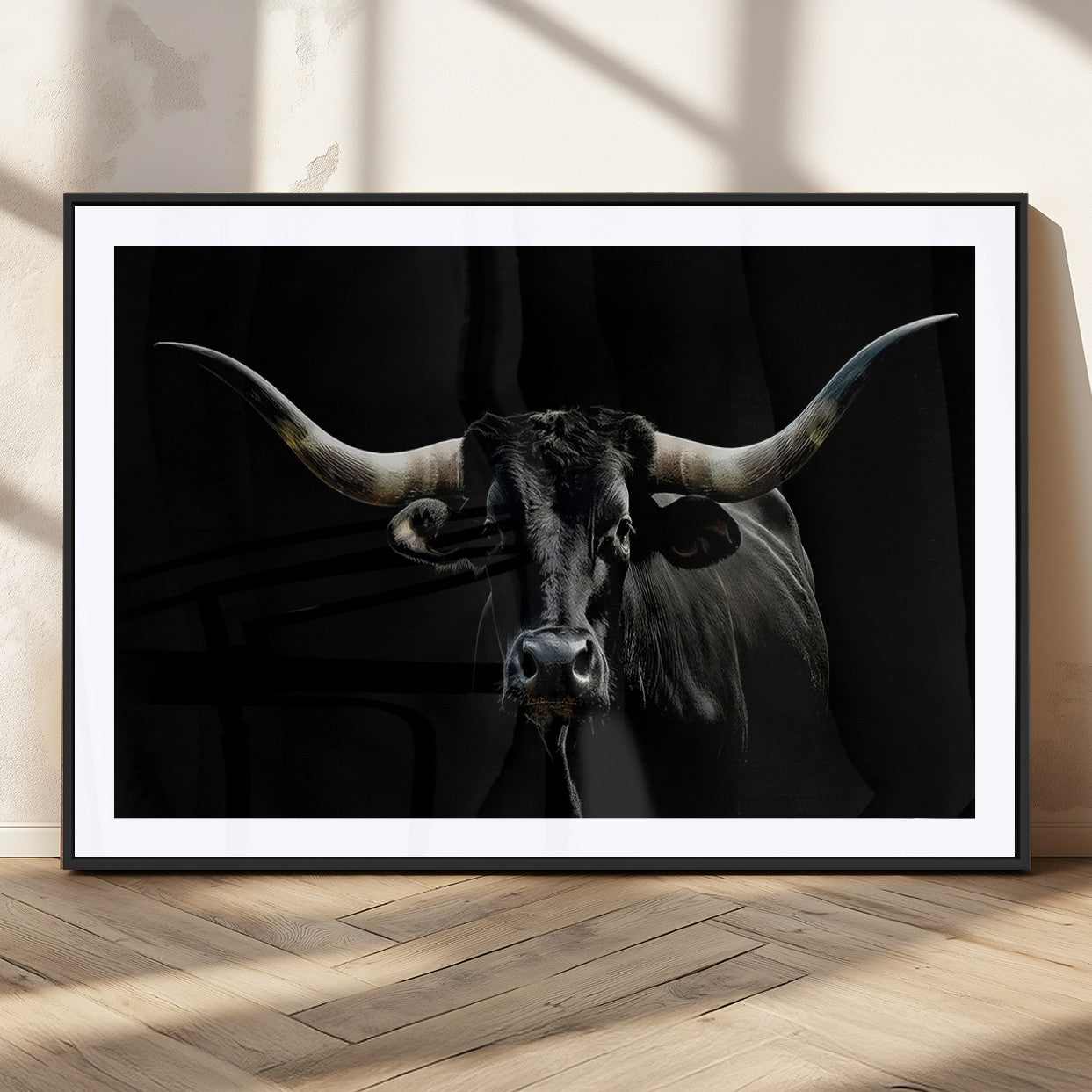 MGC-FP-36x24 - Texas Black Bull Wall Art Print, Longhorn Bull Canvas Wall Art