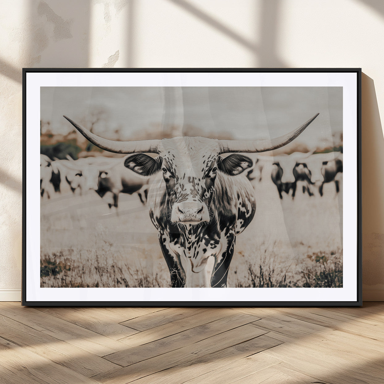 MGC-FP-36x24 - Texas Longhorn Wall Art Canvas Print, Framed Speckled Cow Art Picture Print, Horned Cattle Perfect Rustic Western Decor Artwork