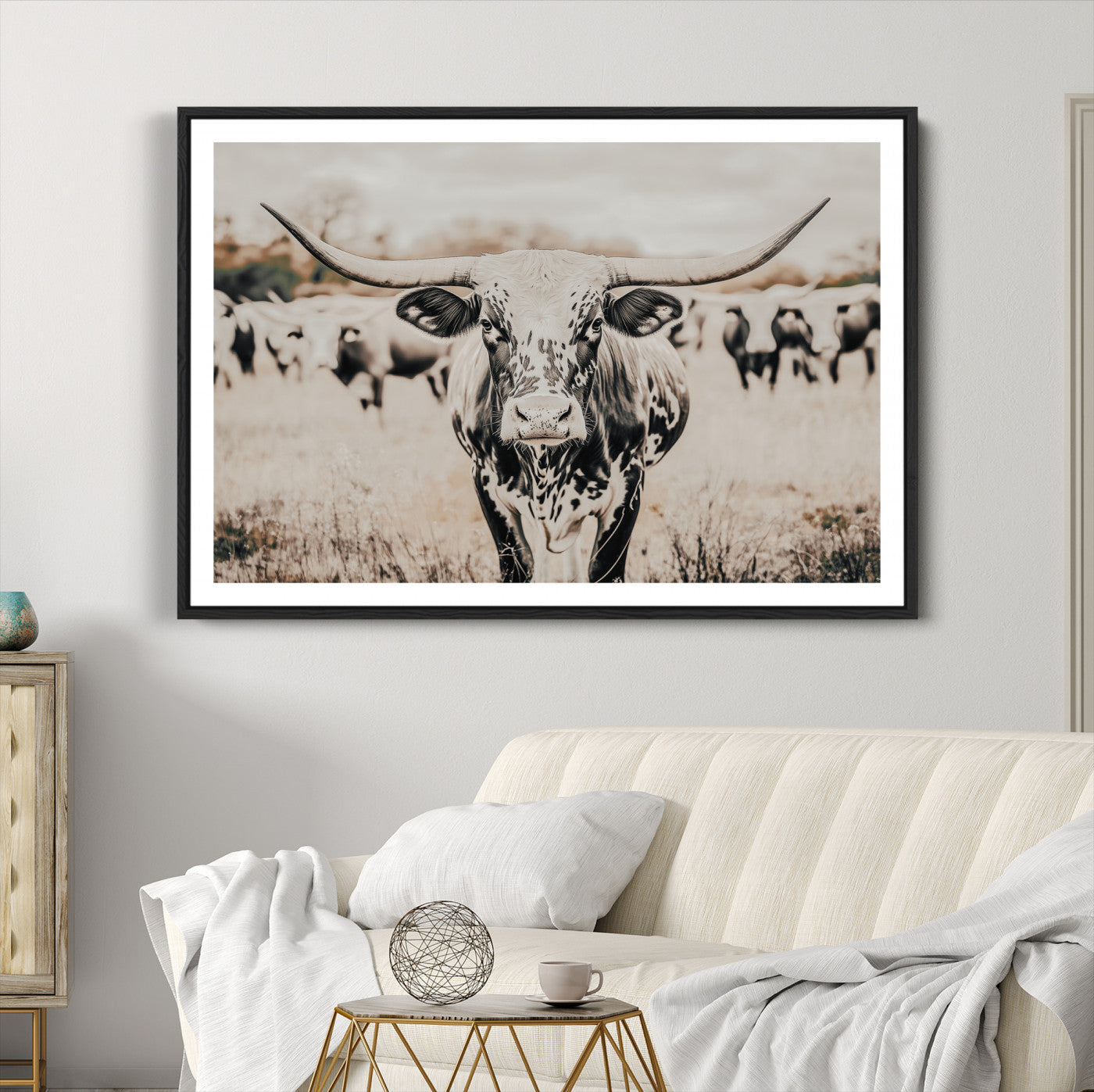 27497342-MGC-FP-36x24_Black-Texas Longhorn Wall Art Canvas Print, Framed Speckled Cow Art Picture Print, Horned Cattle Perfect Rustic Western Decor Artwork