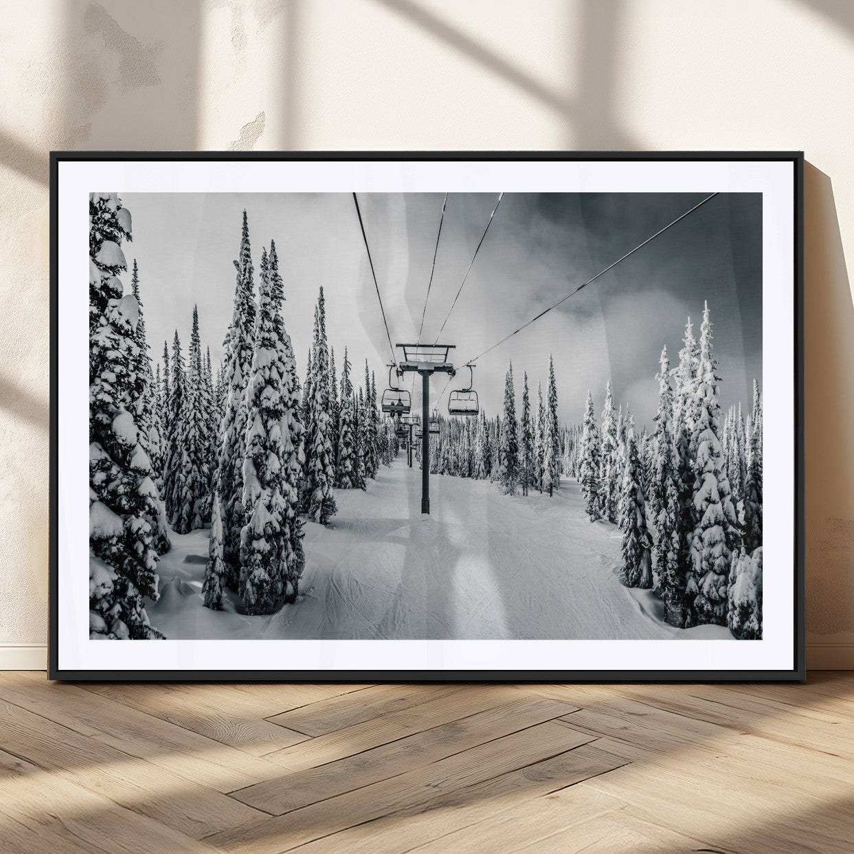 MGC-FP-36x24 - Snowy Pines Wall Art Canvas Print, Framed Ski Lift Art Picture Print, Winter Forest Perfect Moody Lodge Decor Artwork