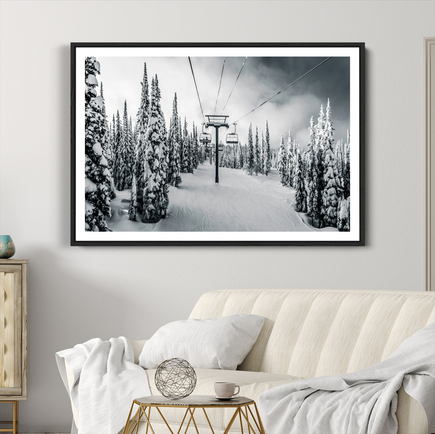 31156828-MGC-FP-36x24_Black-Snowy Pines Wall Art Canvas Print, Framed Ski Lift Art Picture Print, Winter Forest Perfect Moody Lodge Decor, Ski Lift Wall Art Canvas