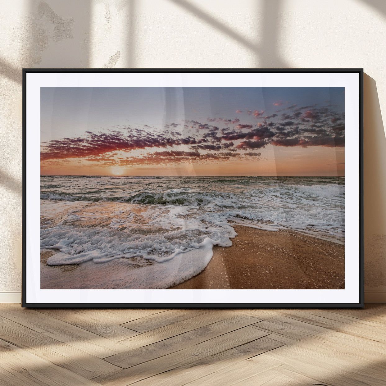 MGC-FP-36x24 - Ocean Sunset Wall Art Canvas Print, Framed Sandy Shore Art Picture Print, Gentle Waves Perfect Minimalist Coastal Decor Artwork