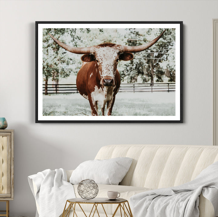 Texas Longhorn Wall Art Canvas Print, Framed Spotted Cow Art Picture Print, Horned Cattle Perfect Rustic Western Decor, Framed Horned Cattle Print