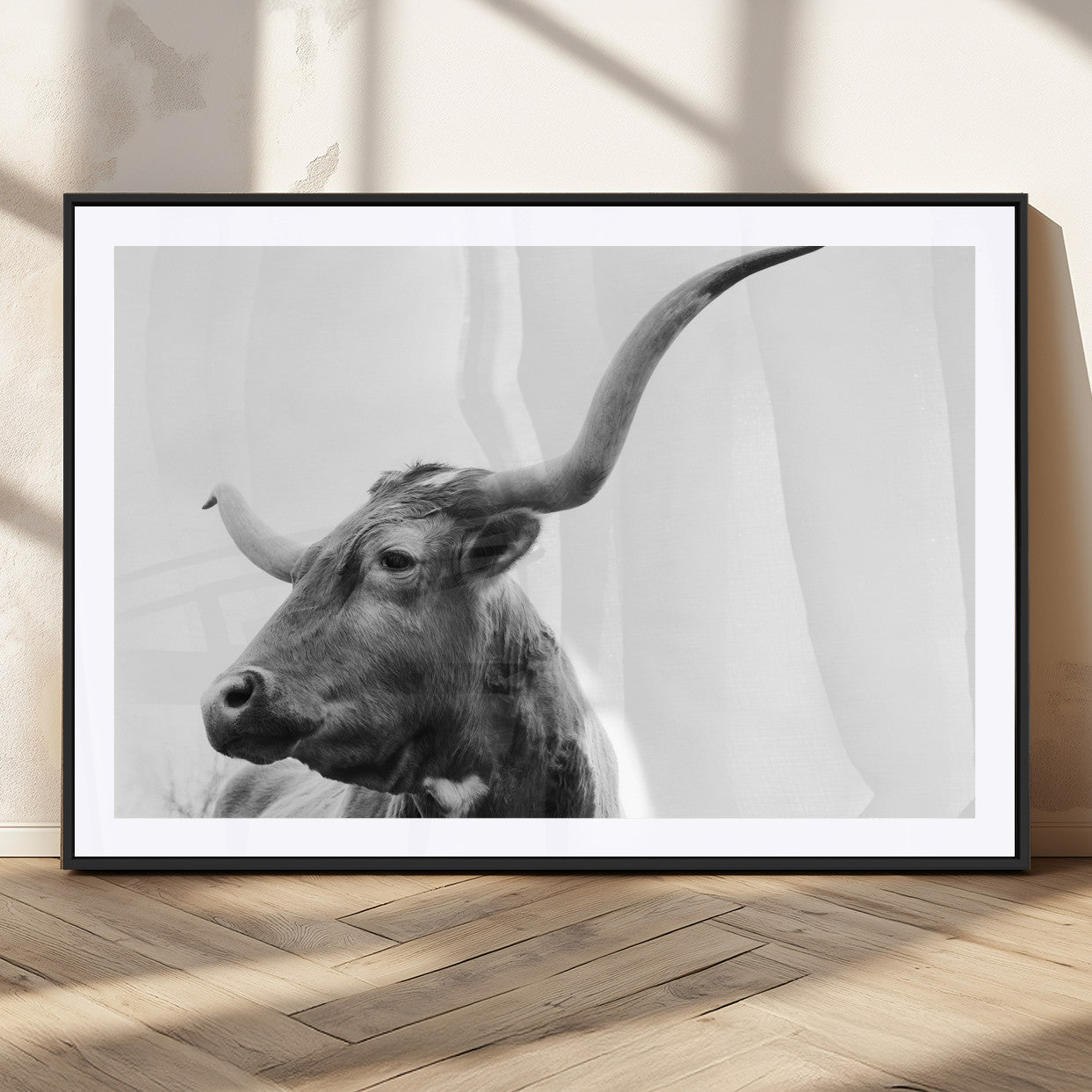 MGC-FP-36x24 - Longhorn Wall Art Wall Art Canvas Print, Framed Modern Ranch Style Art Art Picture Print, Monochrome Cow Print Perfect Rustic Western Decor Artwork