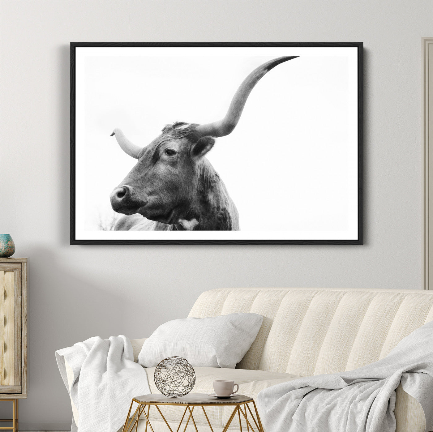 64392617-MGC-FP-36x24_Black-Longhorn Wall Art Wall Art Canvas Print, Framed Modern Ranch Style Art Art Picture Print, Monochrome Cow Print Perfect Rustic Western Decor