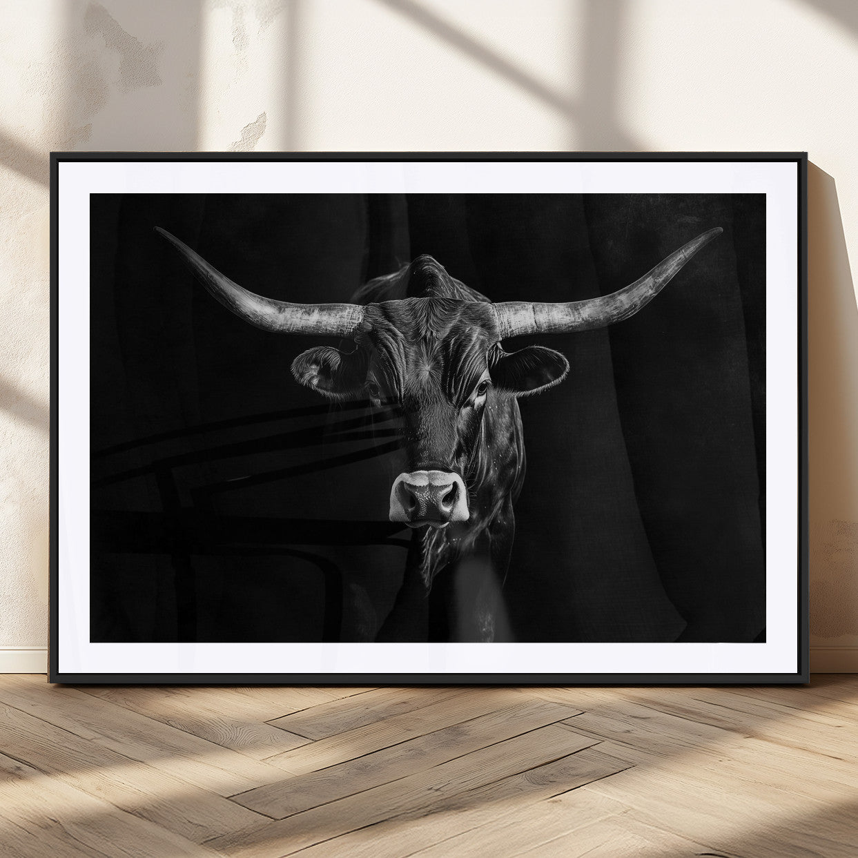 MGC-FP-36x24 - Texas Longhorn Wall Art Canvas Print, Framed Monochrome Bull Art Picture Print, Horned Bull Perfect Rustic Western Decor Artwork