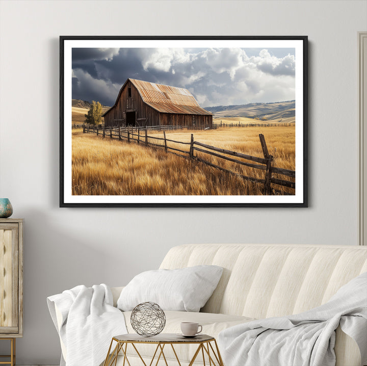 Rustic Barn Wall Art Canvas Print, Framed Moody Barn Art Picture Print, Golden Field Perfect Rustic Farmhouse Decor