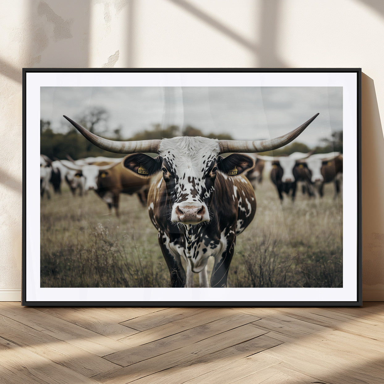 MGC-FP-36x24 - Majestic Longhorn Cow Wall Art – Canvas Print of Intricate Fur & Sharp Horns Earthy Tones Serene Landscape, Rustic Charm Decor for Living Room, Office or Bedroom