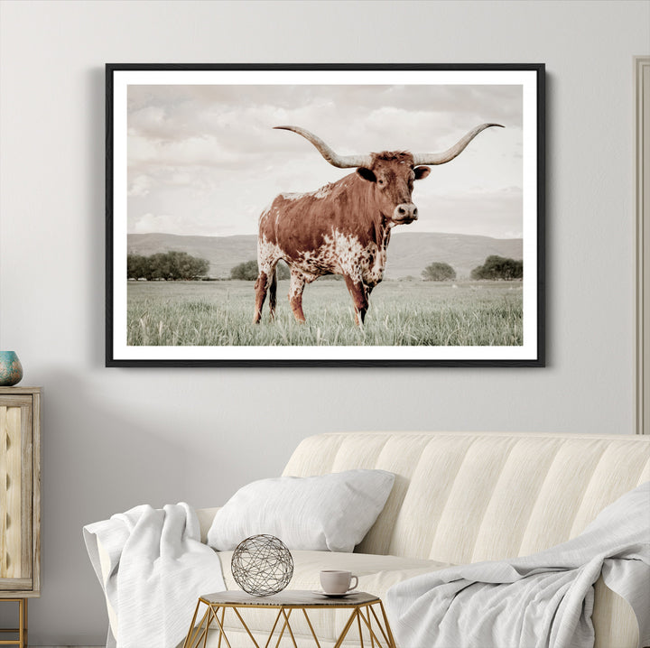 Texas Longhorn Wall Art Canvas Print, Framed Spotted Cattle Art Picture Print, Horned Bull Perfect Rustic Western Decor Artwork