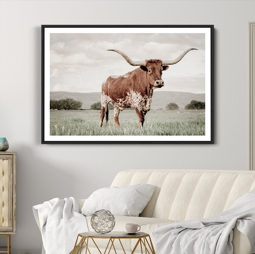 Texas Longhorn Wall Art Canvas Print, Framed Spotted Cattle Art Picture Print, Horned Bull Perfect Rustic Western Decor Artwork