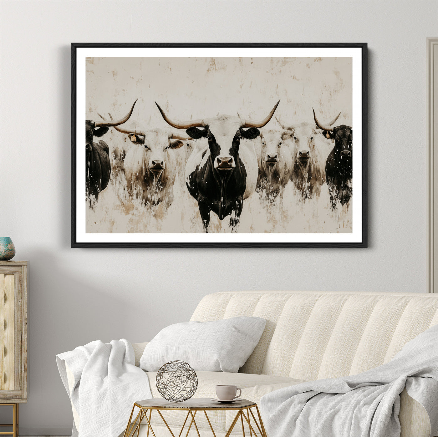12027562-MGC-FP-36x24-Longhorn Cattle Wall Art Canvas Print – Framed Bison Herd Western Ranch Countryside Animal Landscape Artwork for Home Office