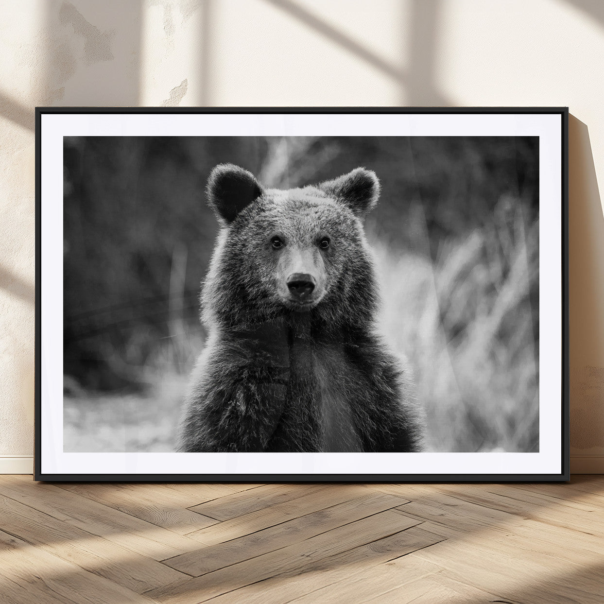 MGC-FP-36x24 - Grizzly Bear Wall Art Canvas Print, Framed Black White Bear Art Picture Print, Wild Bear Perfect Rustic Wildlife Decor Artwork