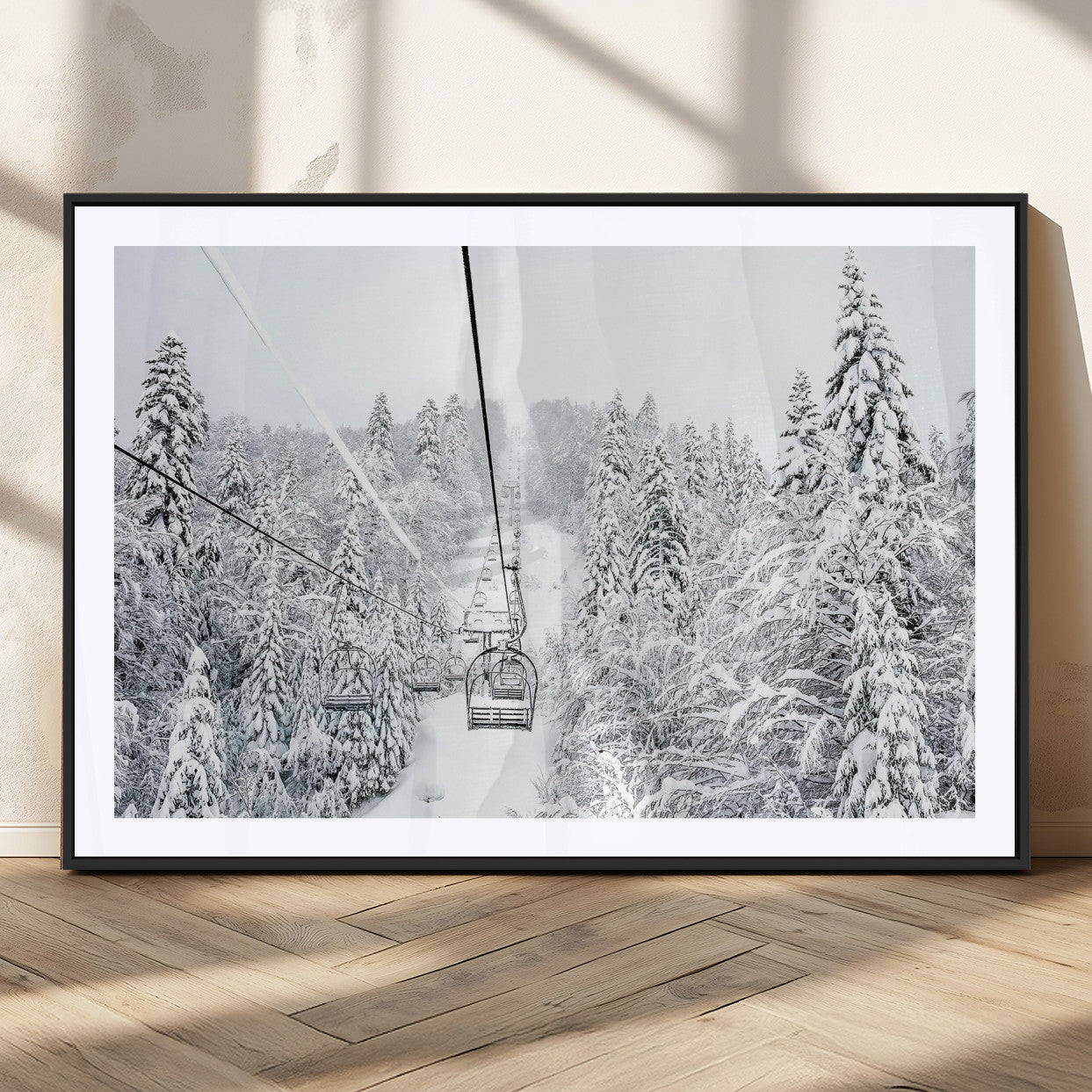 MGC-FP-36x24 - Snowy Mountains Wall Art Canvas Print, Framed Ski Lift Art Picture Print, Winter Forest Perfect