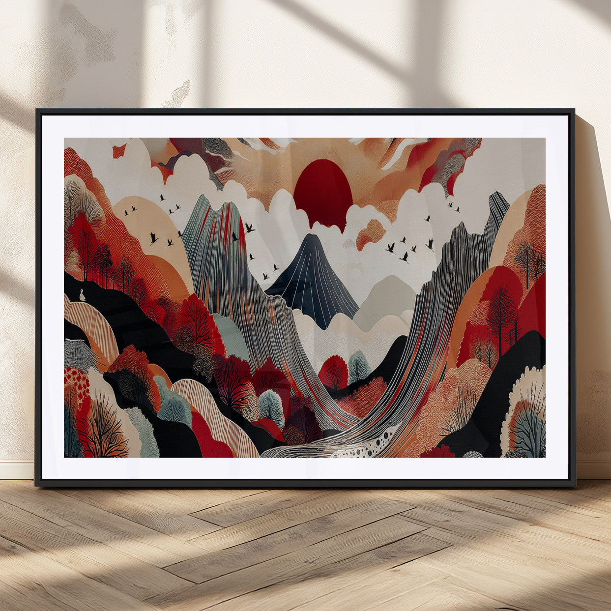 MGC-FP-36x24 - Abstract Mountain Wall Art Canvas Print, Framed Vibrant Landscape Art Picture Print, Stylized Nature Drawing Perfect Contemporary Minimalist Decor Artwork