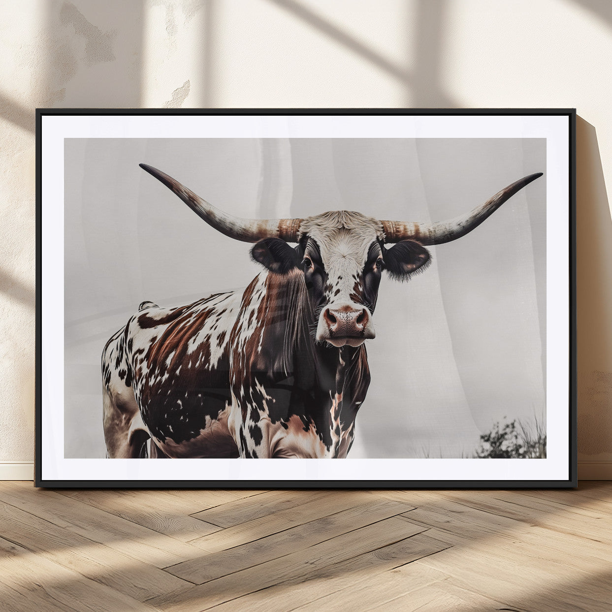 Close-up of a Texas Longhorn bull with powerful horns, perfect for rustic farmhouse or country-themed home decor. Ideal for animal lovers.