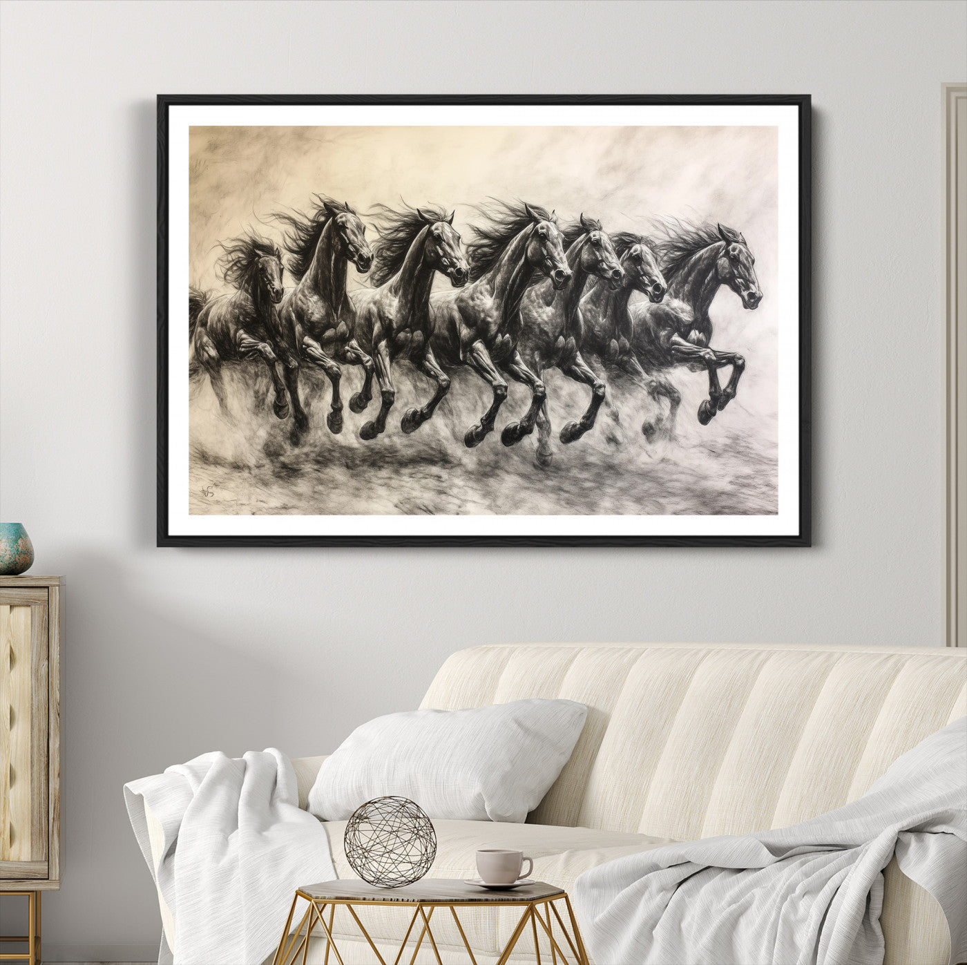 56089591-MGC-FP-36x24-Galloping Horses Wall Art Canvas Print – Framed Wild Stallions Herd Sketch Dynamic Equestrian Artwork for Home Office