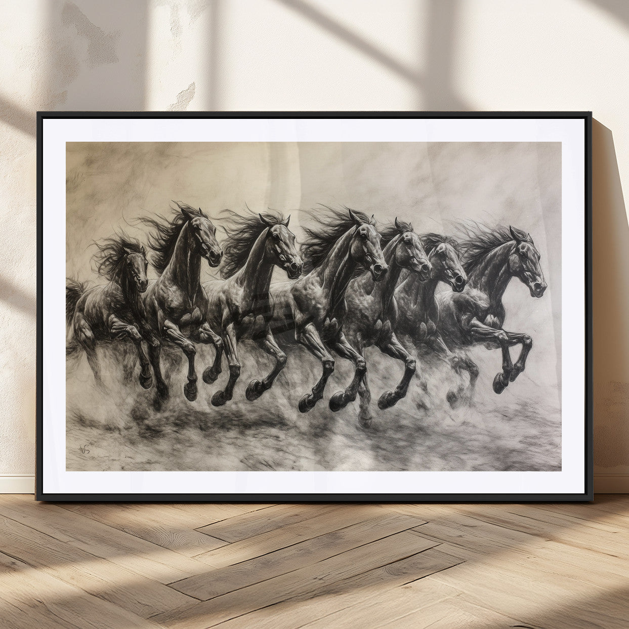 Monochrome drawing of a herd of galloping horses, perfect for dynamic and wild-themed decor in any equestrian or nature-inspired room.