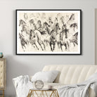 Running Horses Wall Art Canvas Print, Framed Horse Sketch Art Picture Print, Galloping Herd Perfect Monochrome Western Decor