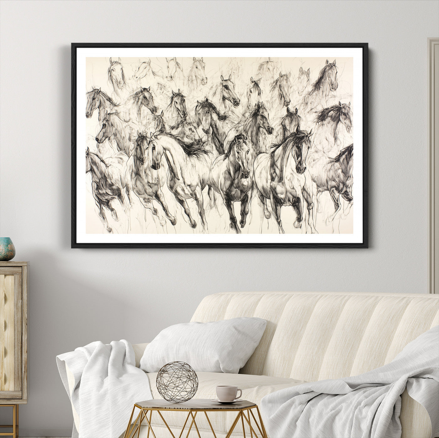 Running Horses Wall Art Canvas Print, Framed Horse Sketch Art Picture Print, Galloping Herd Perfect Monochrome Western Decor