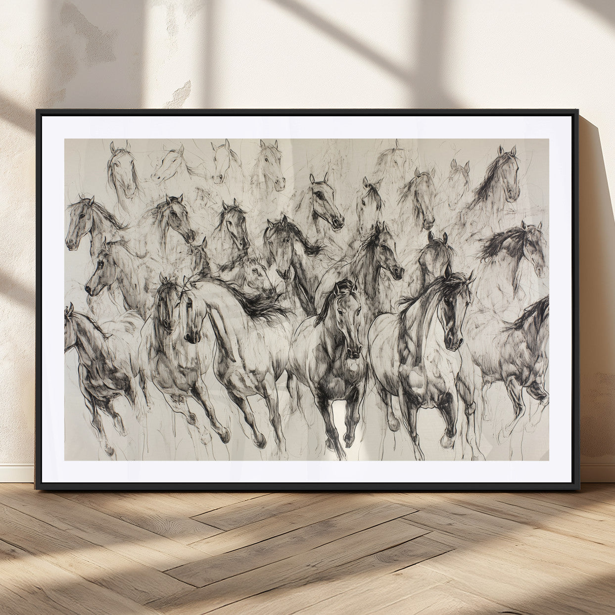 Monochrome ink sketch of galloping horses in dynamic motion, perfect for western or equine-themed wall decor with bold artistic energy.