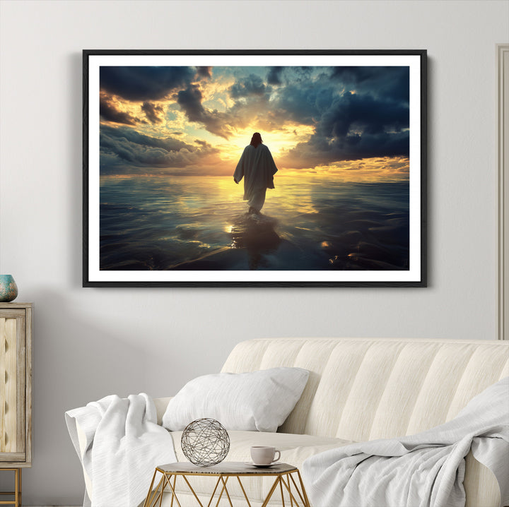 Jesus Walks Wall Art Canvas Print, Framed Divine Sunset Art Picture Print, Spiritual Light Perfect Spiritual Tranquil Decor Artwork
