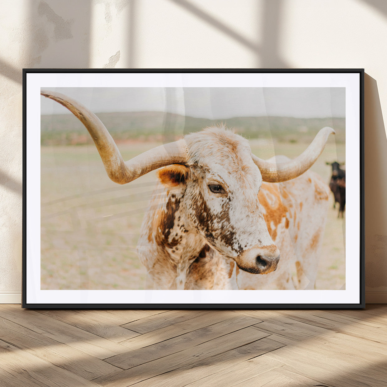 Close-up of a speckled Texas Longhorn in warm prairie tones, perfect for rustic western or countryside-themed room decor.
