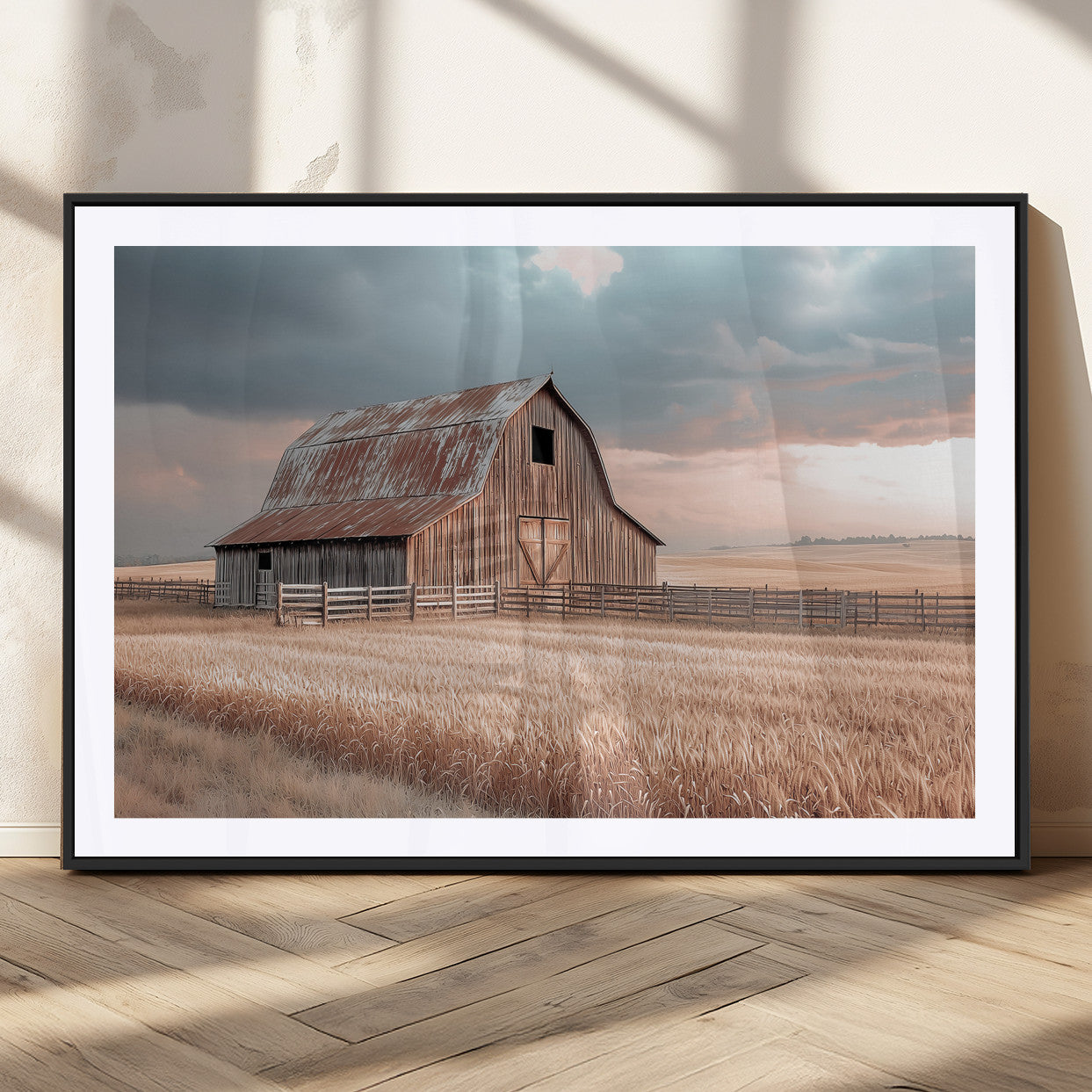 Framed canvas of a rustic barn in a golden wheat field under soft skies, ideal for vintage farmhouse or country-style wall decor.