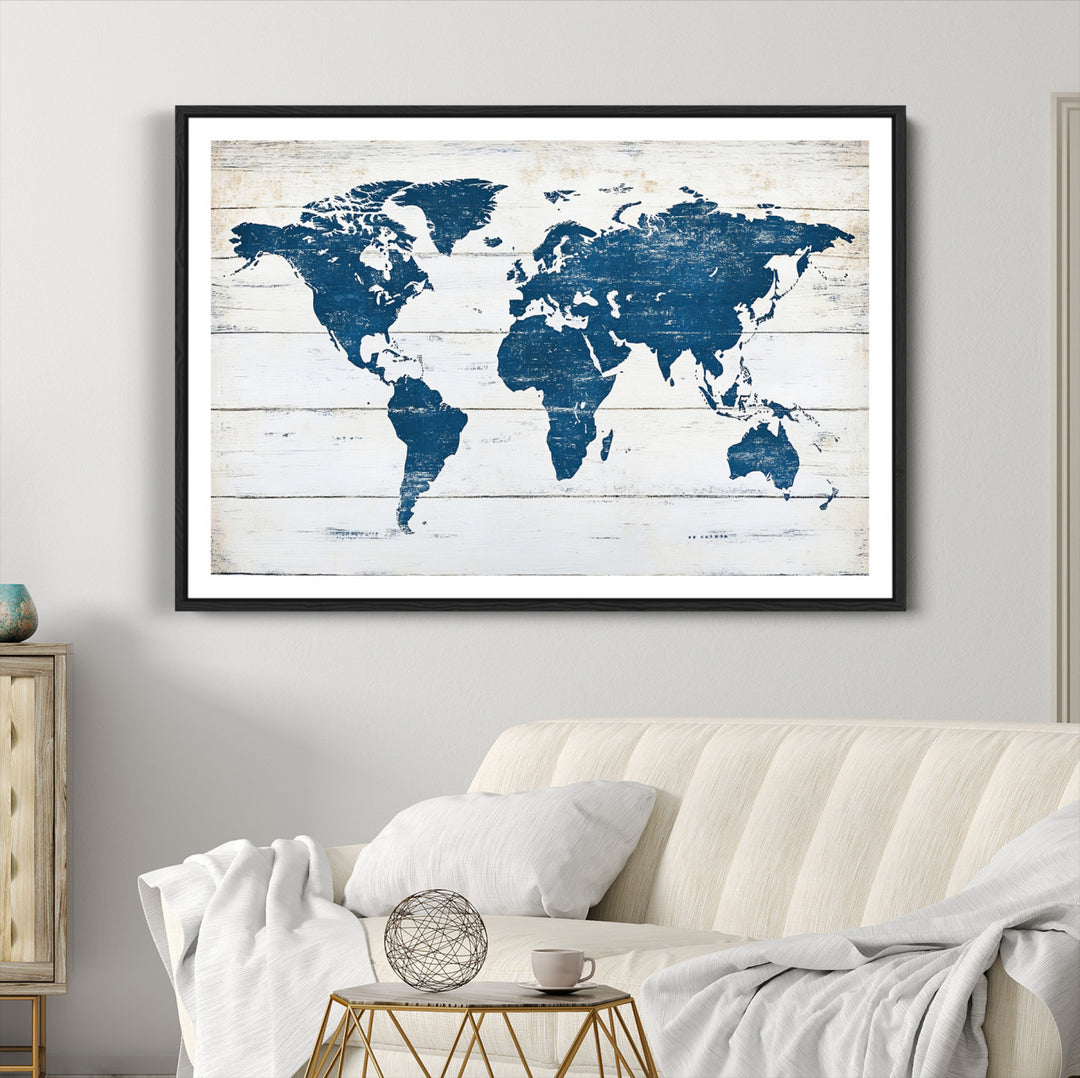 World Map Wall Art Canvas Print, Framed Rustic Atlas Art Picture Print, Wooden Map Perfect Vintage Decor Artwork