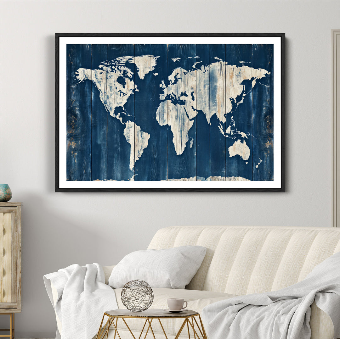 World Map Wall Art Canvas Print, Rustic Map Print, Framed Wooden World Map Art Print, Large Antique Map Decor Printing Perfect for Vintage Decor