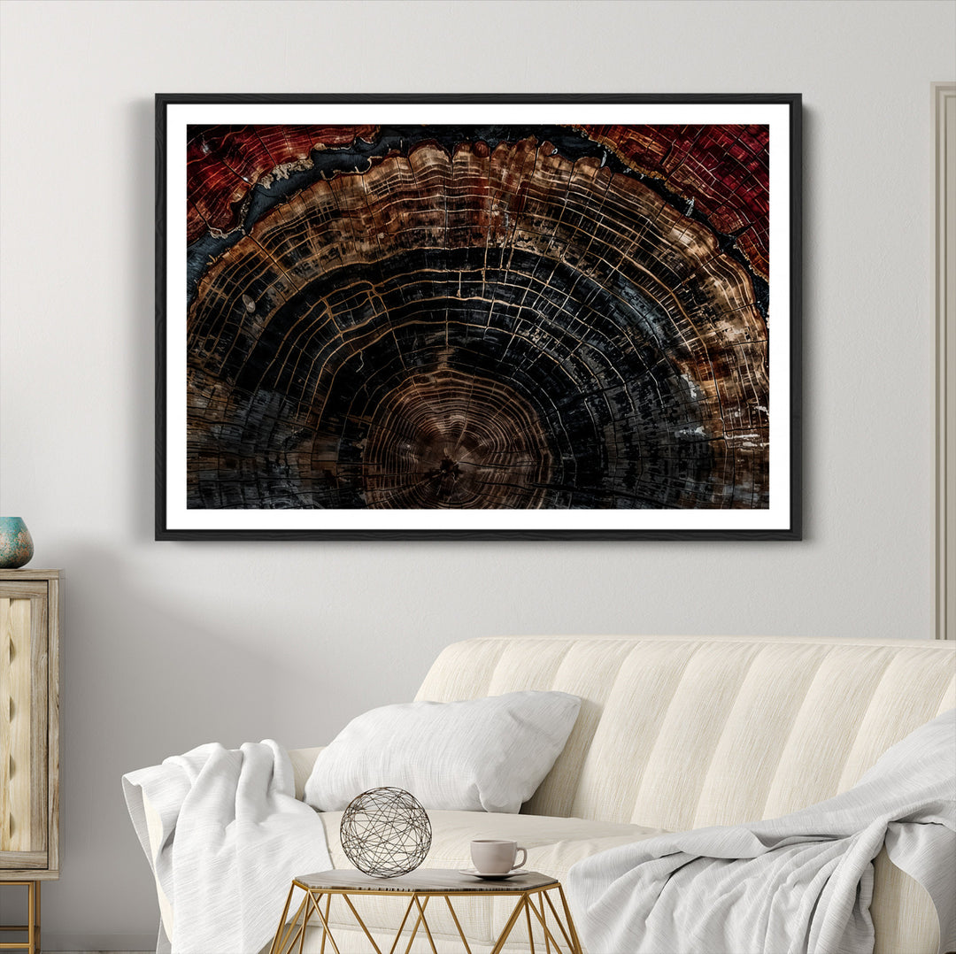 Dark Wood Ring Wall Art Canvas Print, Abstract Wood Tree Print, Framed Rustic Tree Slice Art Print, Large Organic Texture Printing Perfect for Rustic Decor