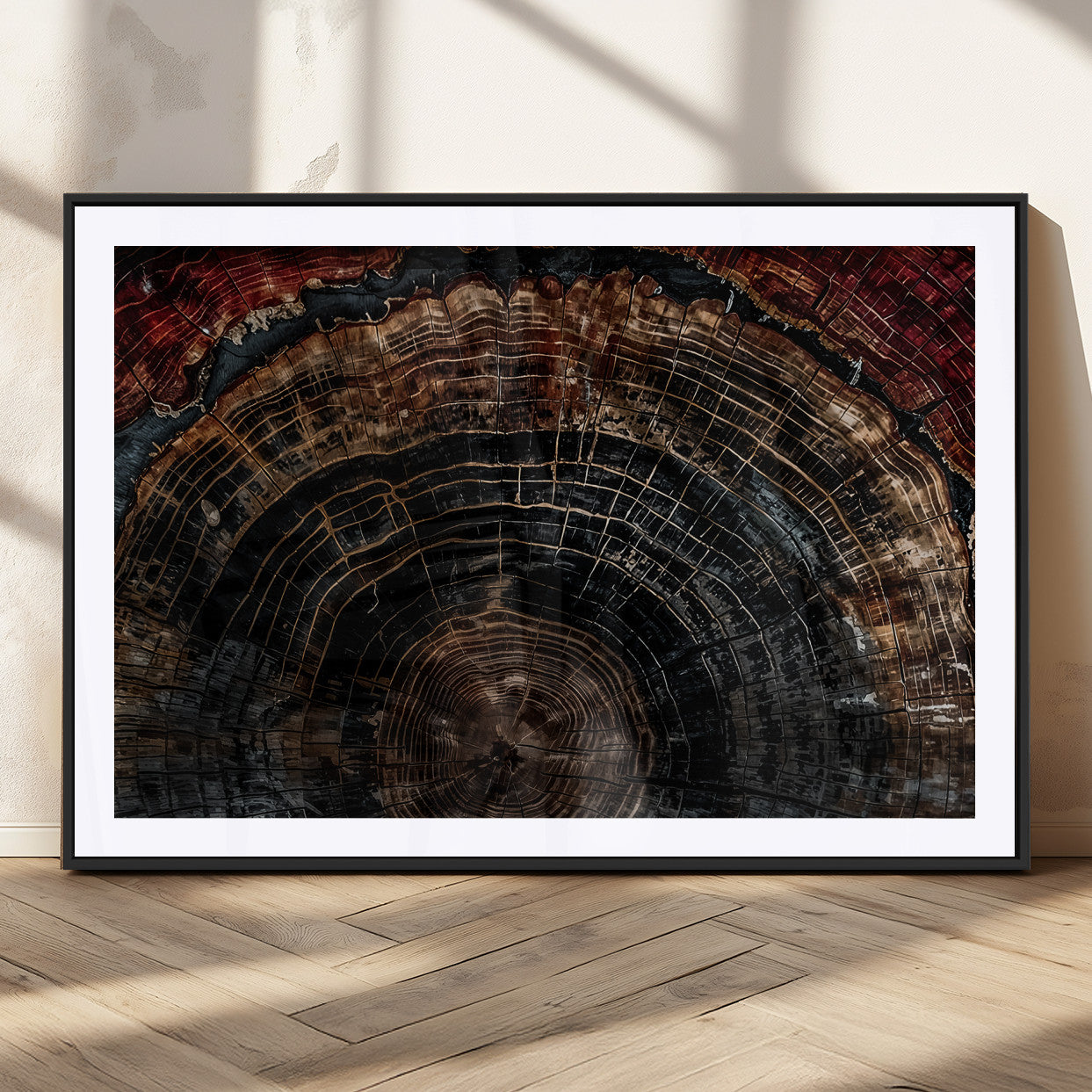 MGC-FP-36x24 - Dark Wood Ring Wall Art Canvas Print, Framed Abstract Wood Tree Art Picture Print, Rustic Tree Slice Perfect Rustic Decor Artwork
