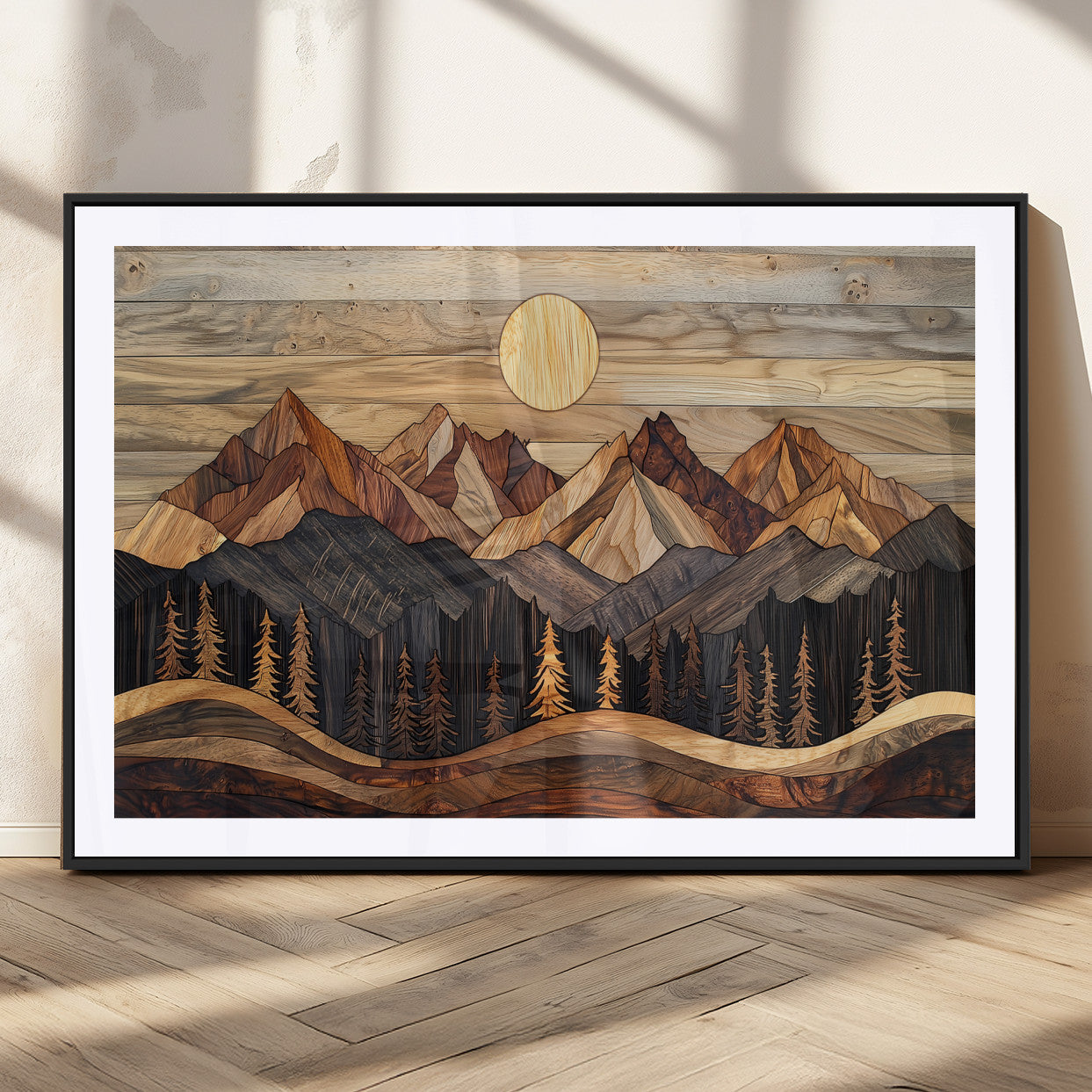 MGC-FP-36x24 - Wood Mountain Wall Art Canvas Print, Framed Boho Wood Art Picture Print, Abstract Woodland Perfect Farmhouse Decor Artwork