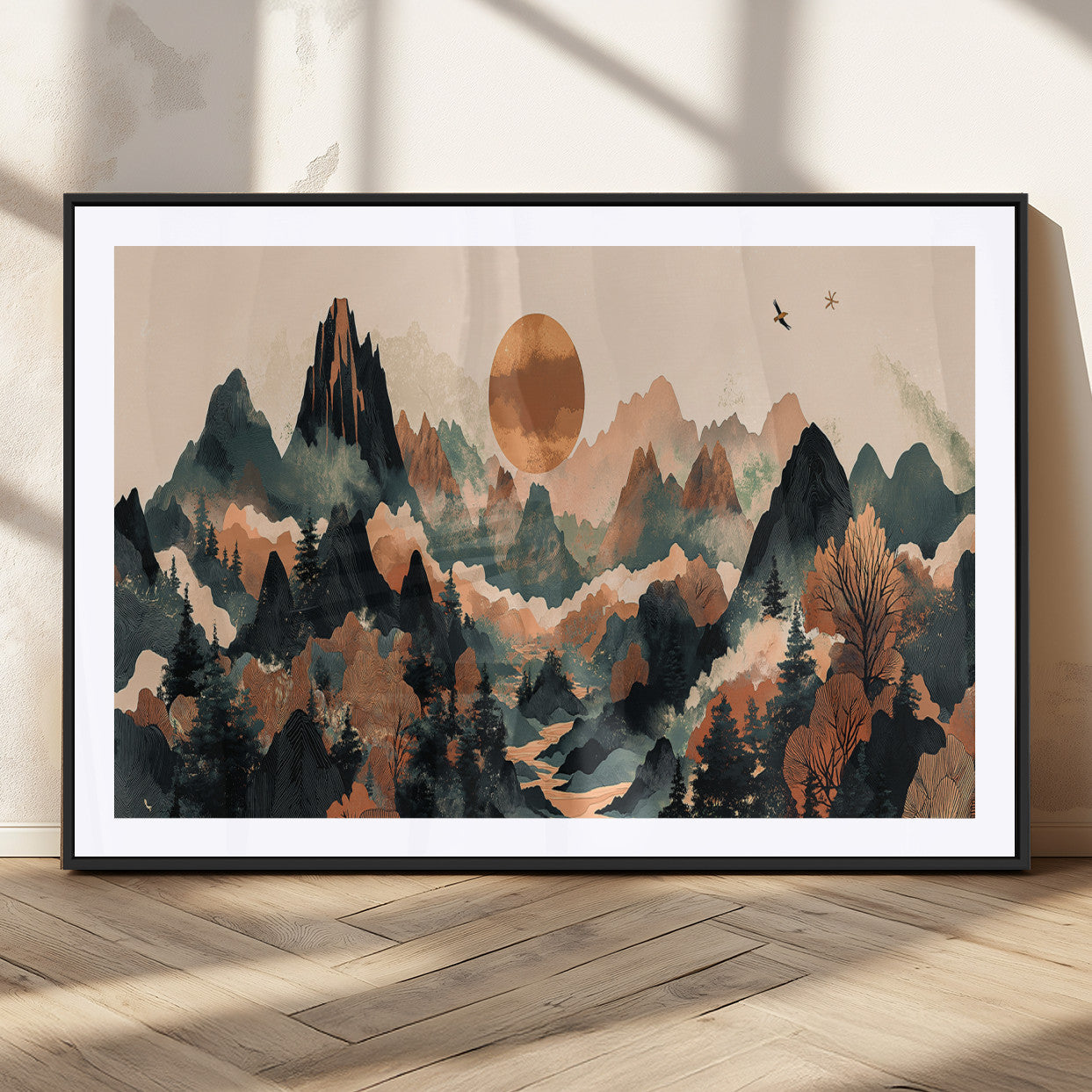 MGC-FP-36x24 - Wood Mountain Landscape Wall Art Canvas Print, Framed Sunset Hills Art Picture Print, Abstract Nature Perfect Boho Decor Artwork